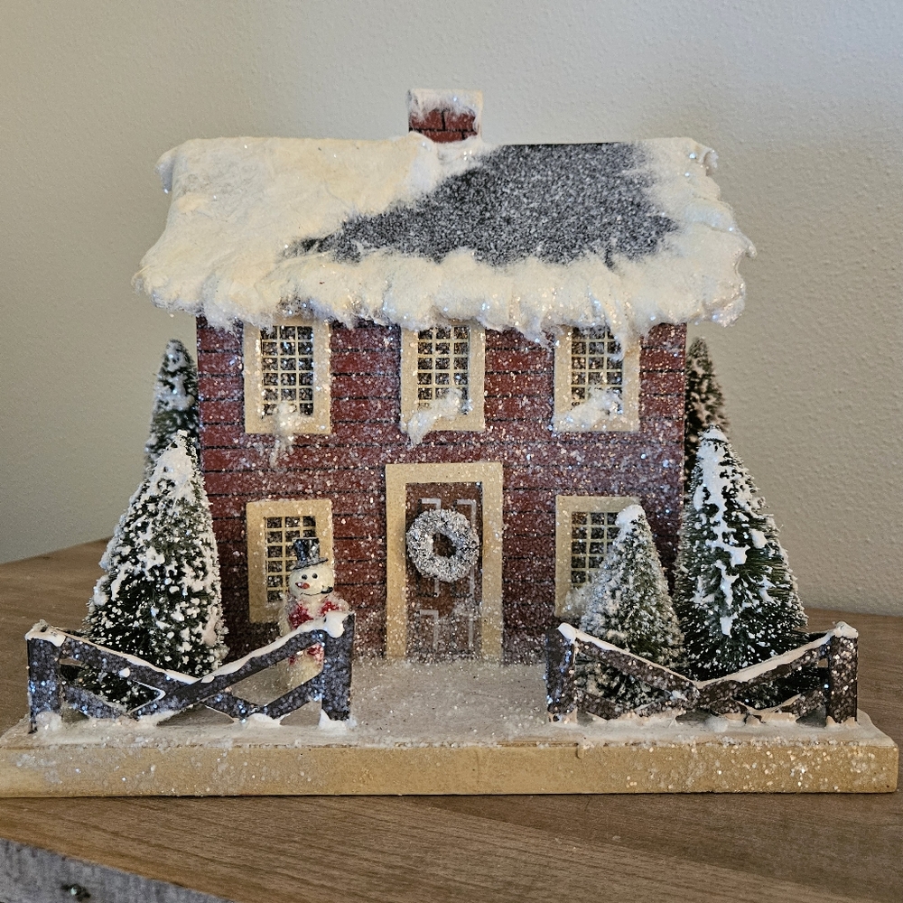 Ragon House Paper Mache Glittery Holiday Snowy House With Snowman